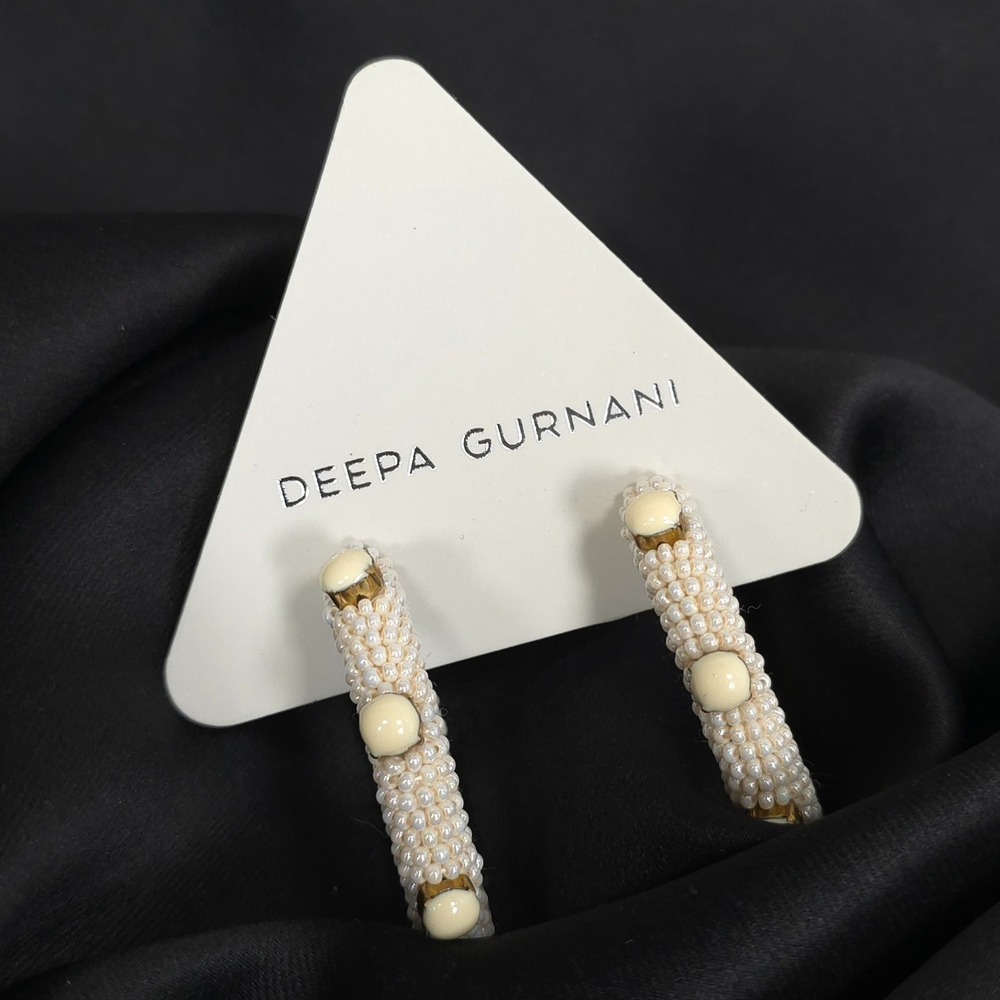 DEEPA GURNANI Women's New Hayes Beaded Hoop Earrings Ivory Gold Handmade INDIA